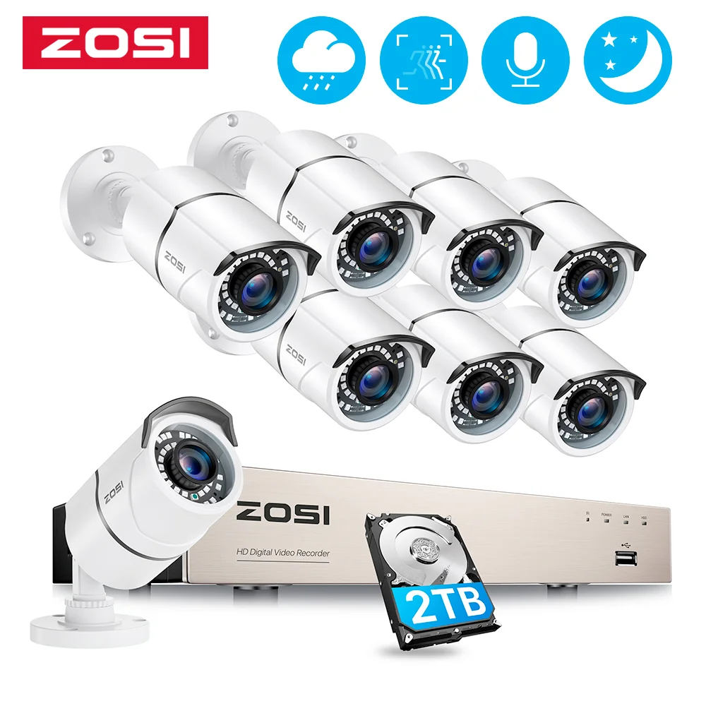 

ZOSI Security Cameras System with Audio 8CH 5MP Lite DVR 8pcs 1080P 2MP Day/Night Vision Outdoor Home CCTV Surveillance Cameras