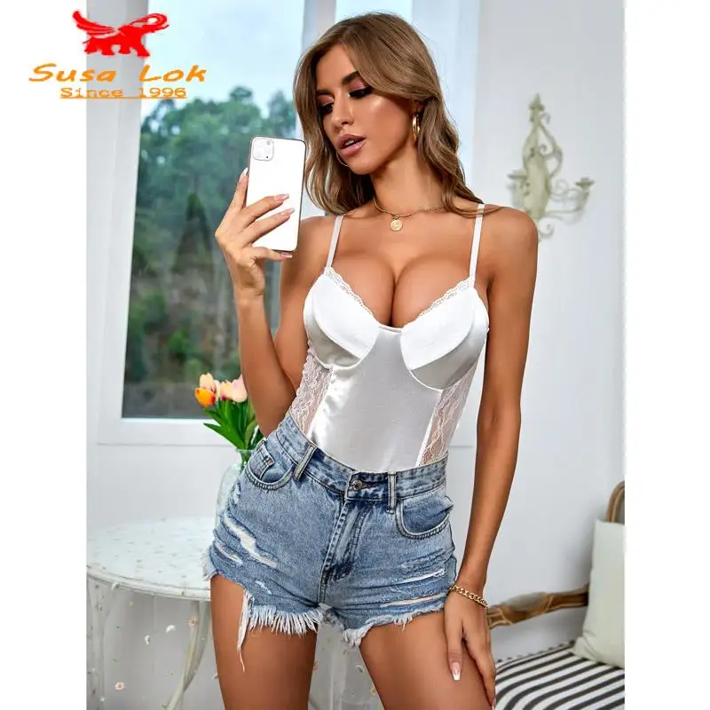 

Thin Women Sexy Lace Stitching V-neck Vests Lady Jumpsuits Pure Color Render Condole Belt Unlined Upper Garment Unlined