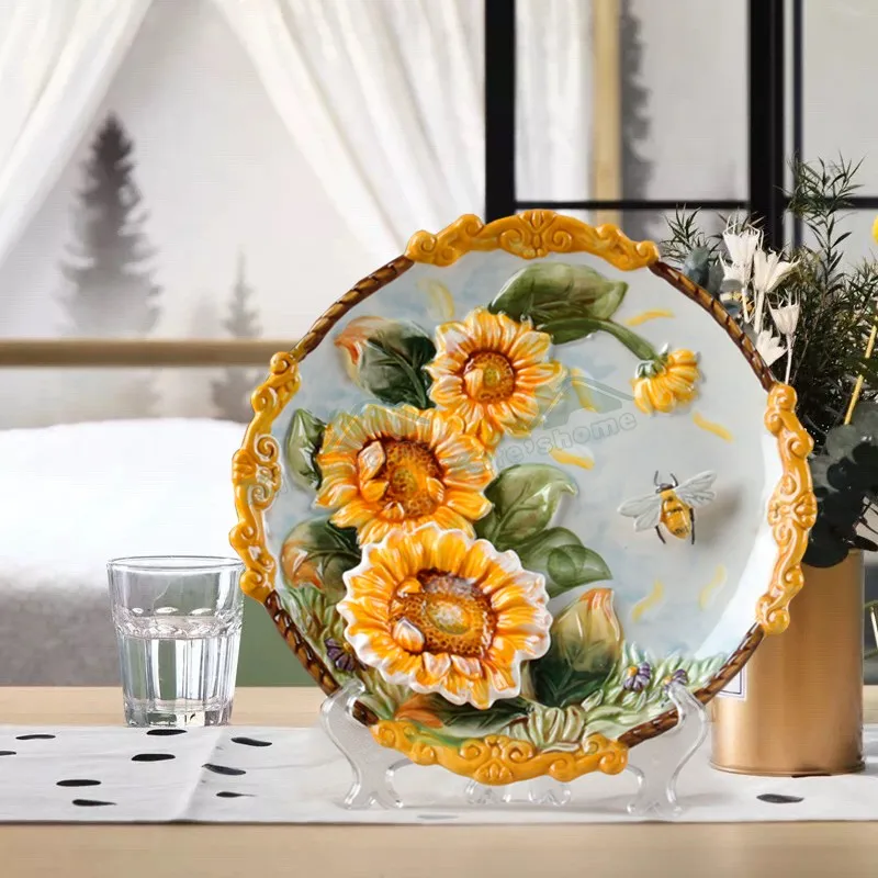 

Ceramic Hand-painted Decorative Wall Hanging Plate 3D Handmade Butterfly Sunflower Tulip Plate Home Decoration Artwork