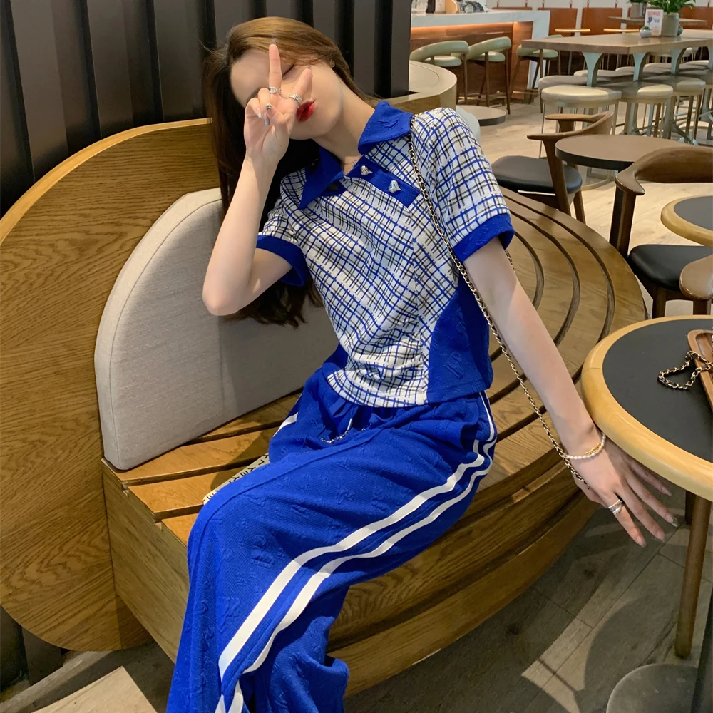 

New Chic Small Fragrance Wind POLO-Collar Trousers Suit Female Summer 2022 New Fashion Klein Blue Wide-leg Pants Two-piece Set