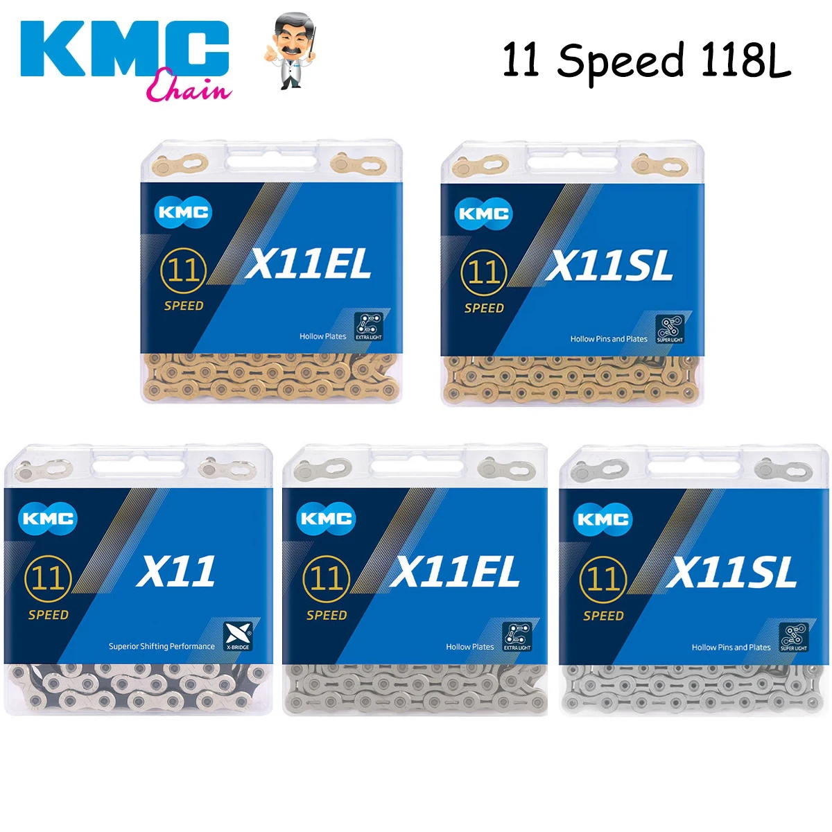 Цепь велосипедная KMC X11 X11EL X11SL 11 скоростей 118 звеньев золотистая серебристая цепь