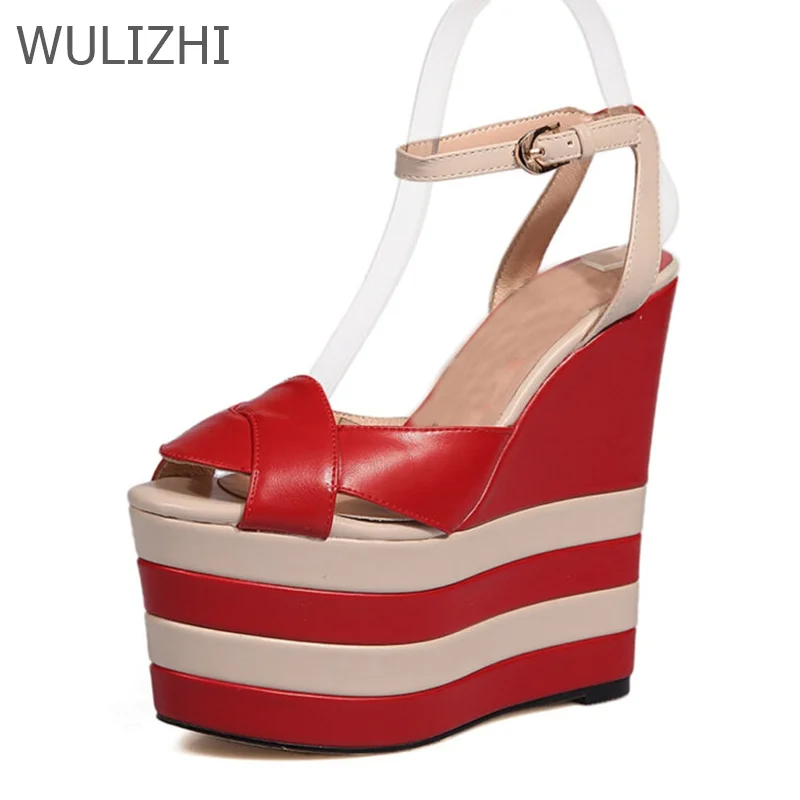 Women Red White Stripe Heightened Platform Sandals Leather High Wedge Open Fashion Heels Mixed Colors Peep Toe Modern New Shoes
