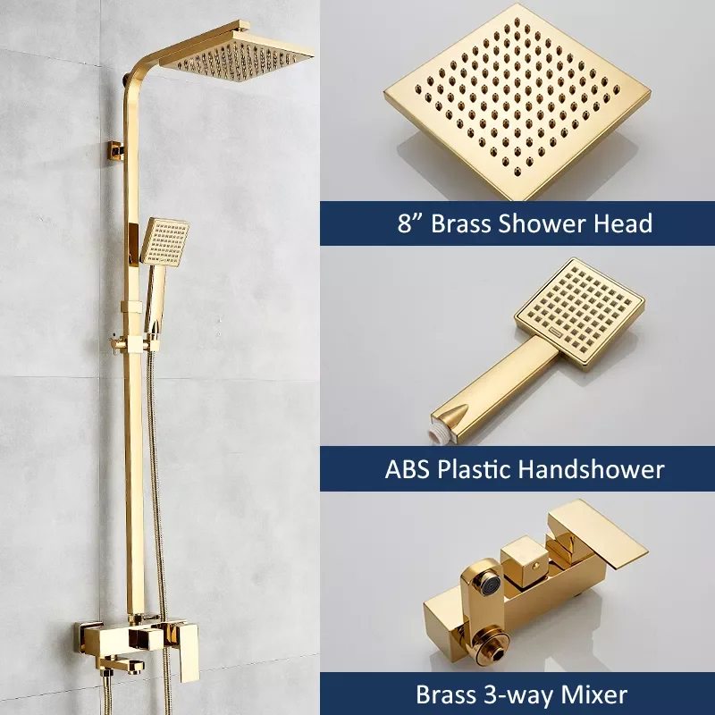 

Luxury Gold Shower Faucet Set Brass Rainfall Shower 3-way Mixer Tap Wall Mount Bath Shower System Kit Swivel Tub Shower Faucet