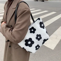 winter faux fur bags for women handbags fashion leopard plush women shoulder bag designer flower shopper purses female clutch