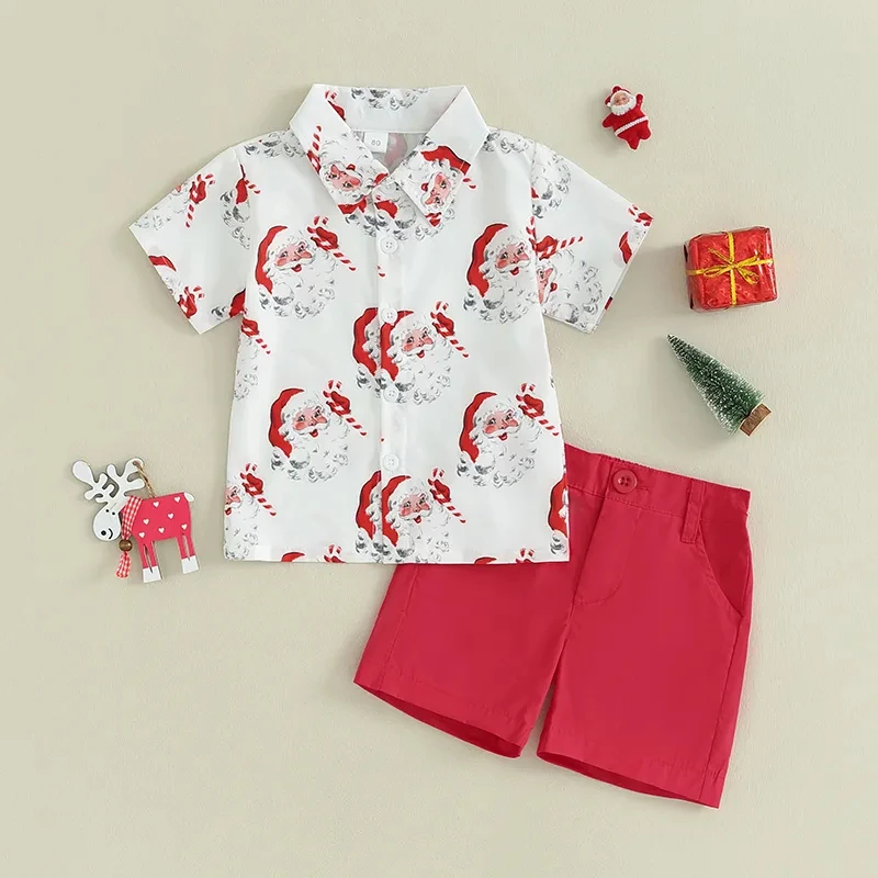 

Baby Kids Boys Clothing Set Short Sleeve Santa Claus Print Shirt with Shorts Toddler Set Boy Christmas Clothes Outfits