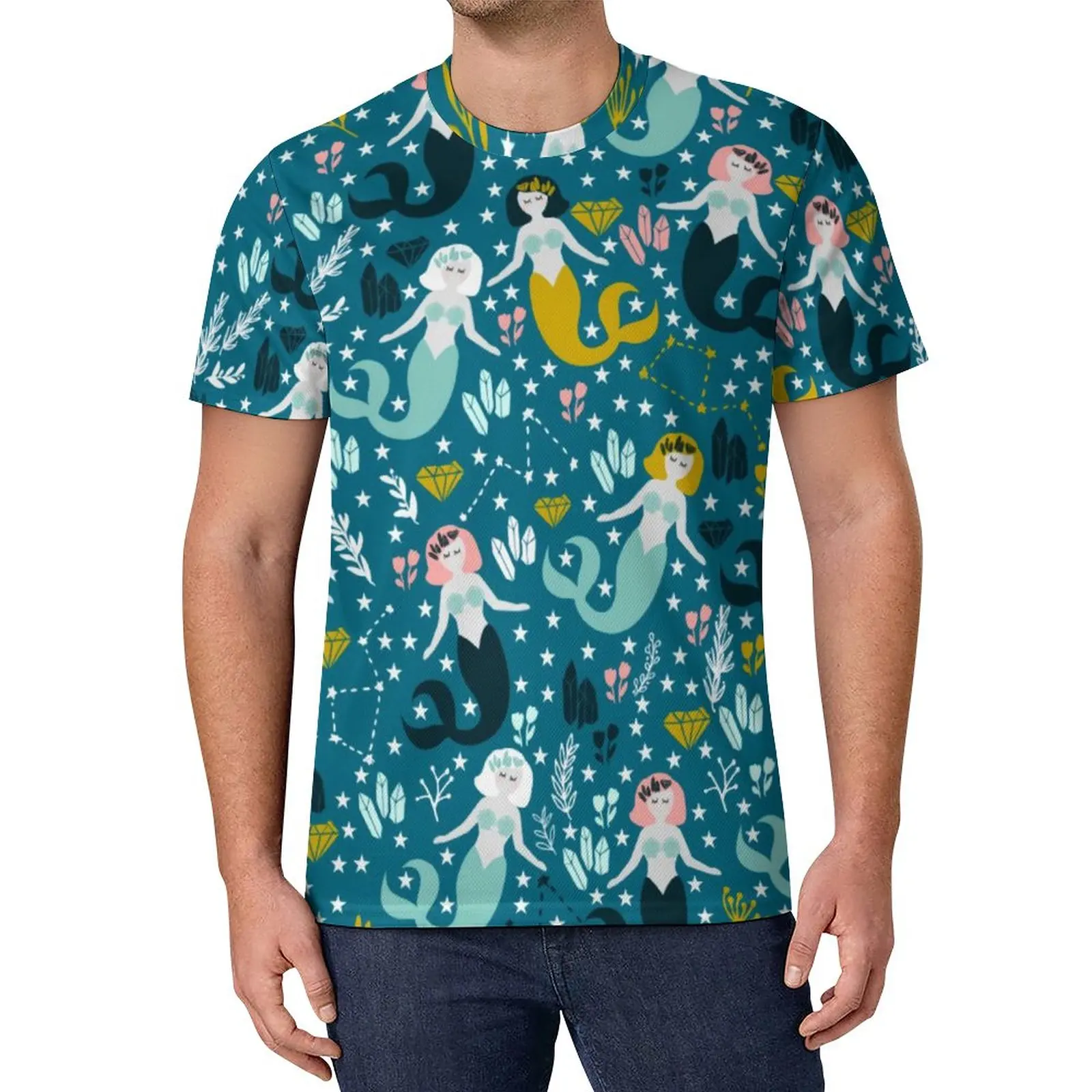 

Cute Mermaid T-Shirt Stars And Floral Print Retro T-Shirts Summer Printed Tee Shirt Fun Clothing Gift
