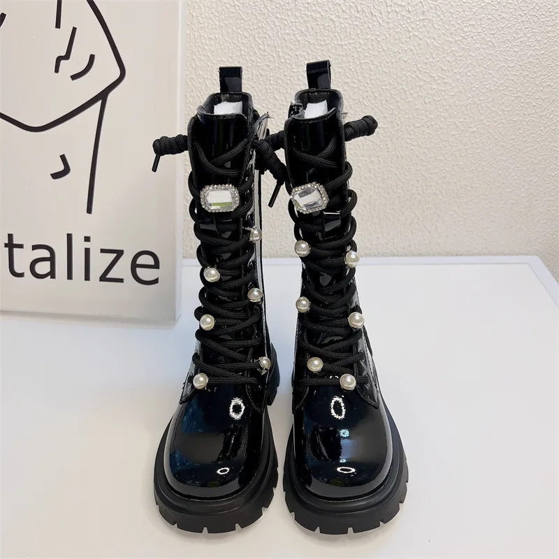 Girls' Spring and Autumn New Fashion Boots Lace Up Rhinestone Pearl Princess High Boots PU High Quality Children's Boots