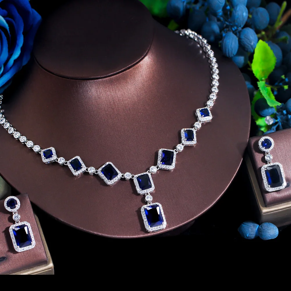 

ThreeGraces Elegant Blue Cubic Zirconia Square CZ Drop Earrings and Necklace Luxury Bridal Prom Jewelry Set for Women TZ671