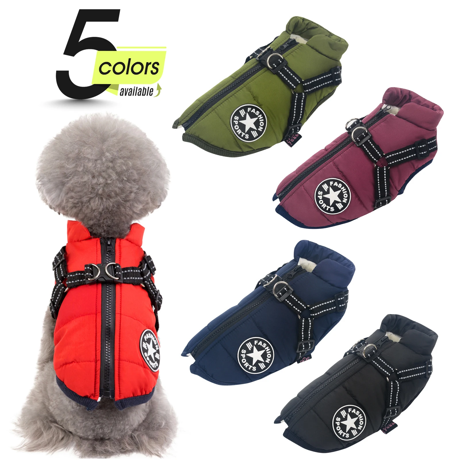 Dog Warm Vest Jacket Harness Pet Winter Clothes Jacket Coat Puppy 2 in 1 Outfit Cold Weather Coat Waterproof Dog Cotton Padded C