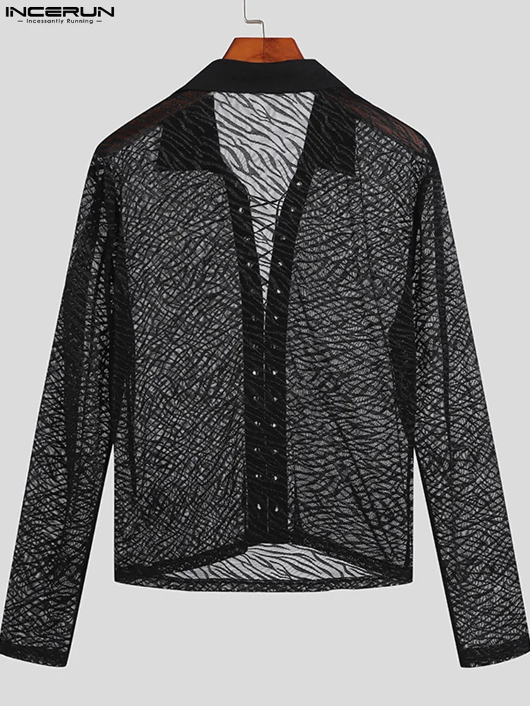 INCERUN Tops 2022 American Style Men's Zebra Pattern Blouse See-through Mesh Fashion Hollow Out Long-sleeved Buttons Shirt S-5XL