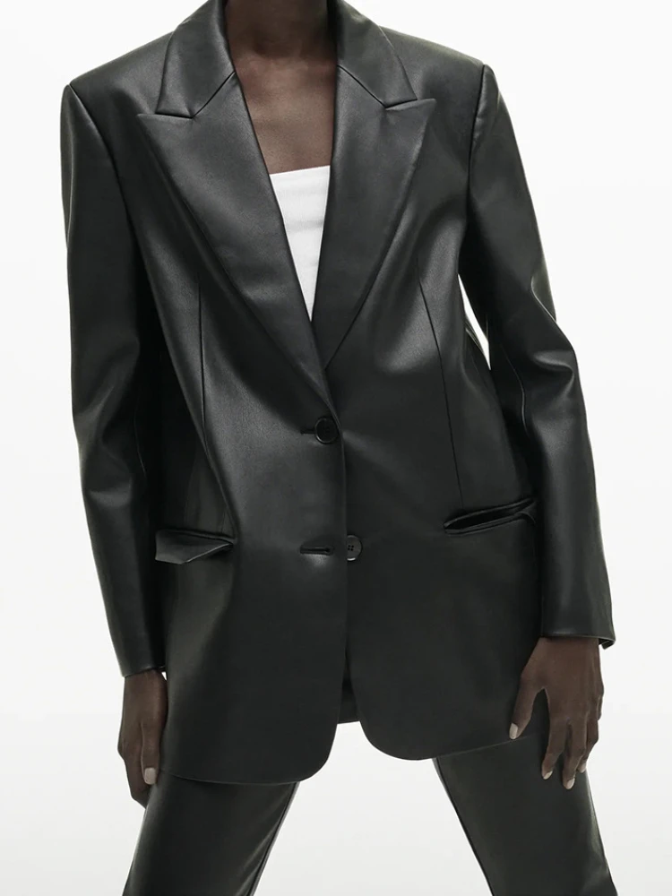 

FTLZZ New Spring Autumn Faux Leather Jacket Women Fashion Lapel Single Breasted Pu Coat Office Lady Slim Black Blazers Outwear