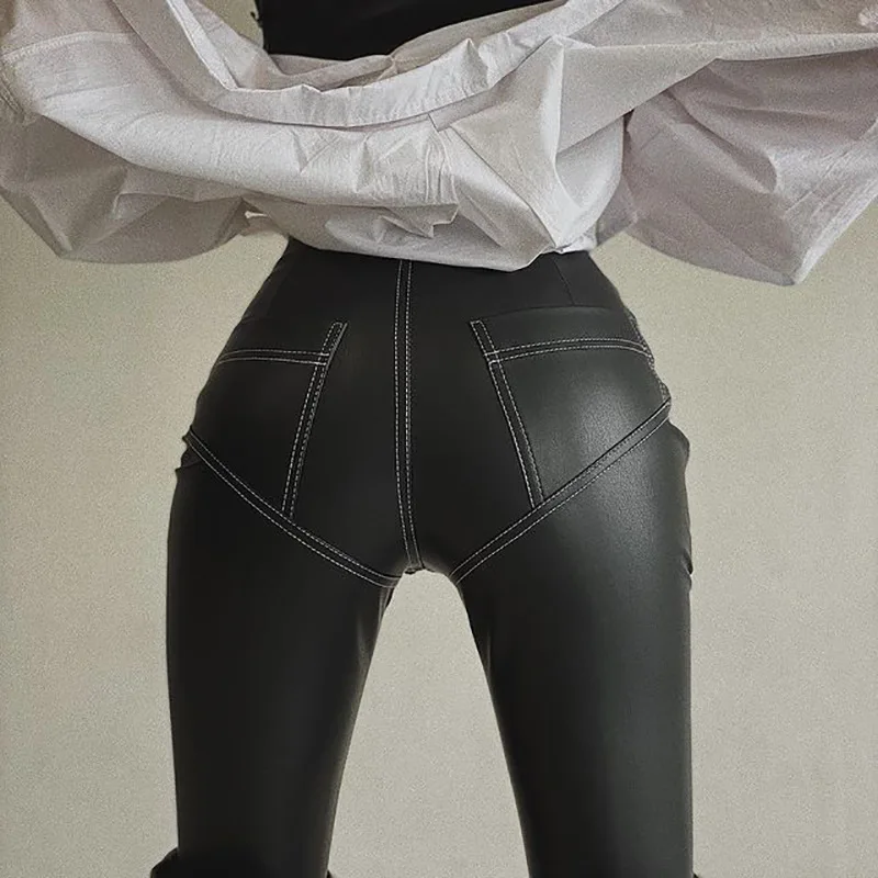 

Women's PU Leather Elastic Pants Black Tight Leather Pants High Waist Panels Buttocks Leggings Skinny Stretchy Outfit Trousers