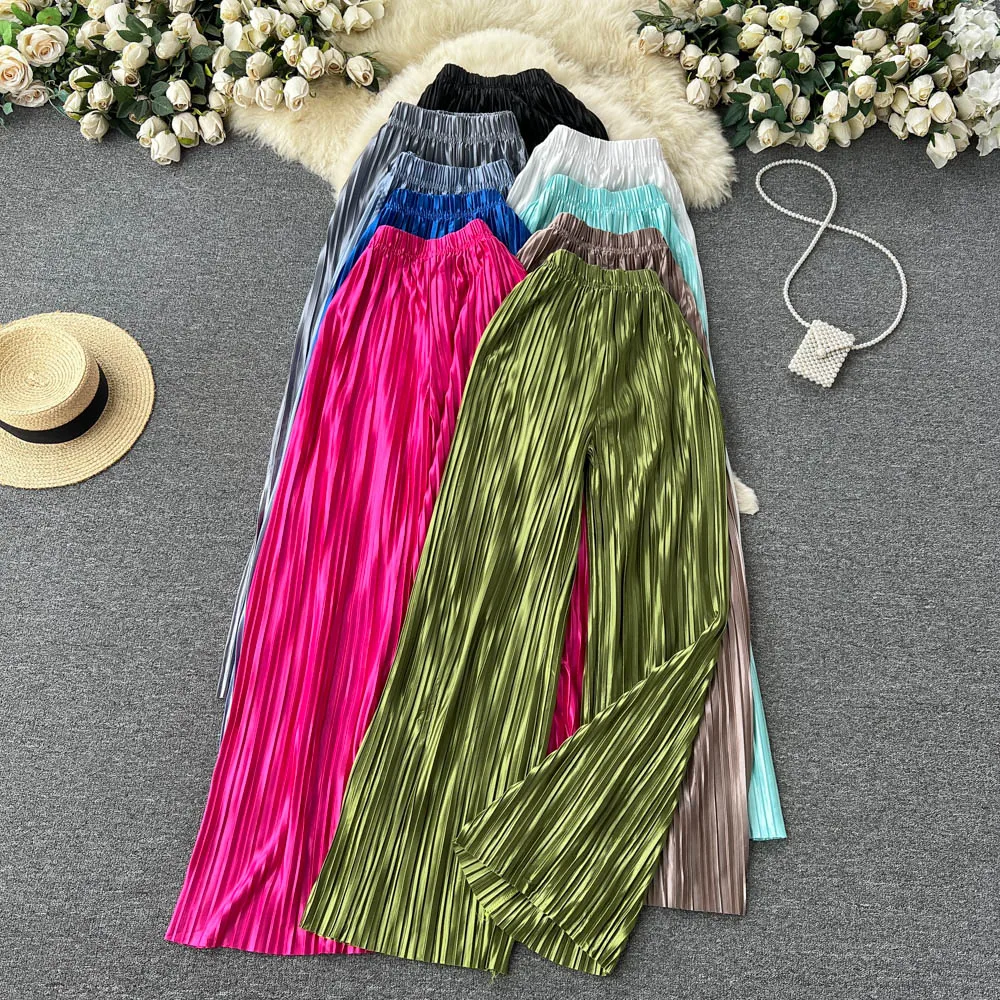 

Летние однотонные глянцевые широкие брюки с свободными драпировками, повседневные брюки с текстурированными складками, универсальные брюки