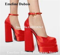 high platform chunky heel pumps fashion round toe thick heel shoes rose pink red ankle rhinestone straps high heels party shoes