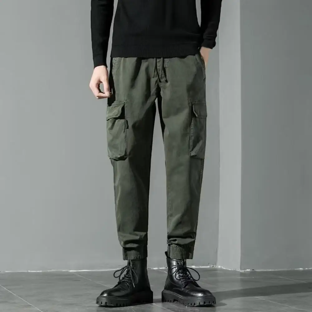 

Cargo Pants Solid Color Multi Pockets Elastic Waist Loose Deep Crotch Match Top Drawstring Plus Size Men Trousers Dating Clothes