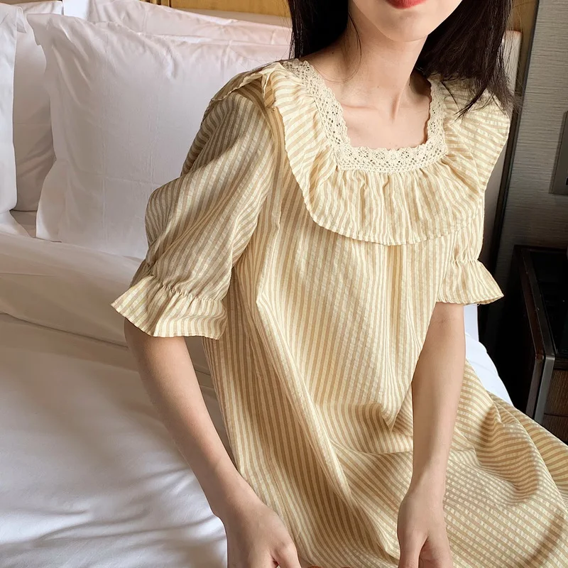 

Korean Ins Striped Summer Nightgown Women Square Collar Ruffles Long Sleepwear Short Sleeve Cotton Homewear Night Dress