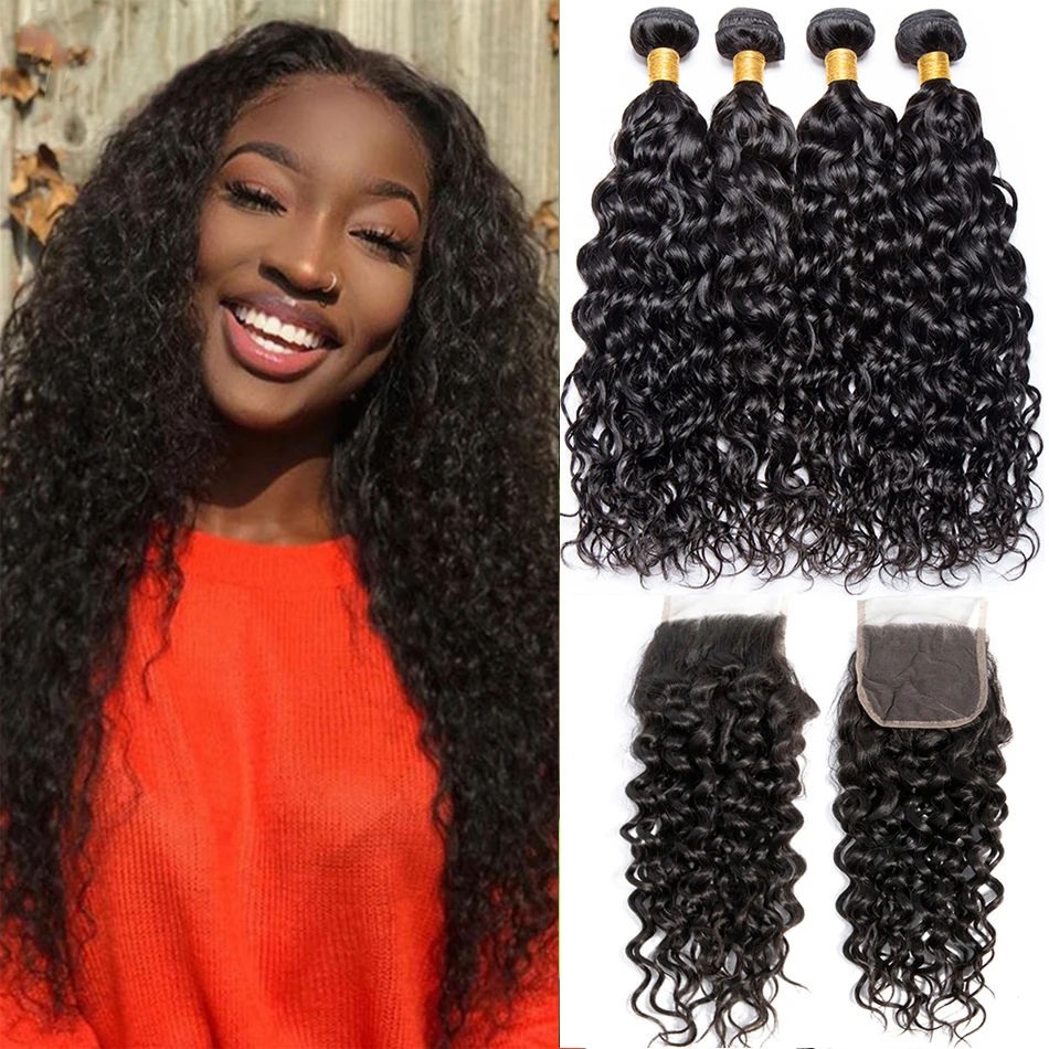 

Human Hair Weave Wet and Wavy Bundles With Lace Closure Water Wave Hair With Closure 3 Bundles With Closure Remy Hair Extensions