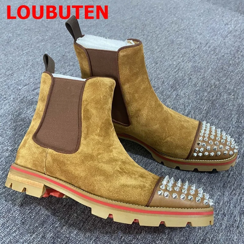 

LOUBUTEN Brown Suede Mens Autumn Winter Boots British Style Leather Martin Boots Medium Top Thick Soles Rivets Chelsea Boots
