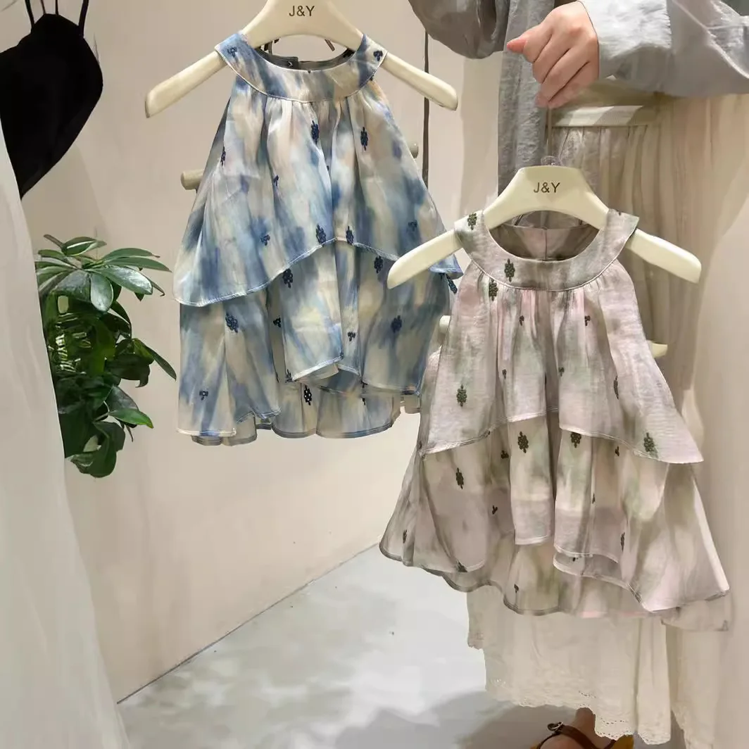 Одежда для девочек костюм 2024 летняя шифоновая рубашка без рукавов шорты новый