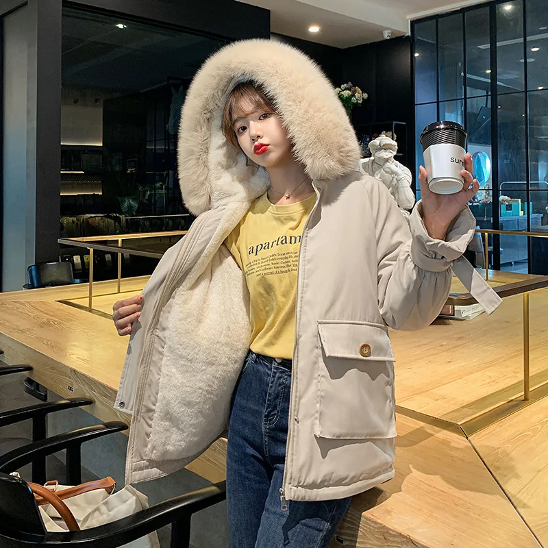 2022 Winter New Women Hooded Parka Down Jacket Design Sense Large Pocket Plus Velvet Warm Large Fur Collar Solid Color Coats