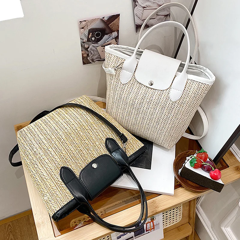 

2022 Designer Women Beach Bag Straw Bags With PU Handle Ladies Summer Casual Handbag Travel Basket Tote Bag