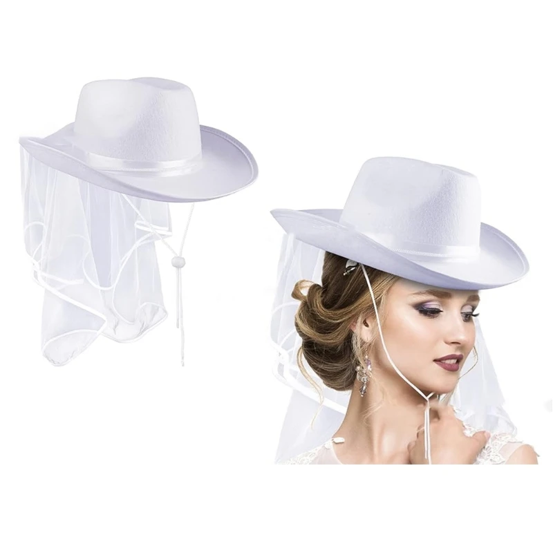 

Bridal Cowboy Hat with Veil Bachelorette Party,White Cowgirl Hat Wedding Bridal Shower Decoration,Bachelorette Hat Dropship