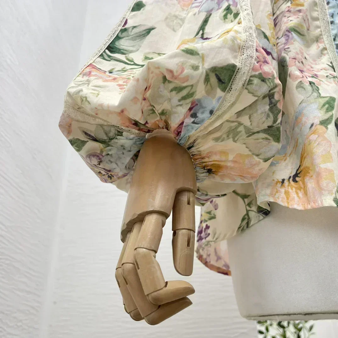 2024 Высококачественный хлопок и лен с цветочным принтом длинным рукавом