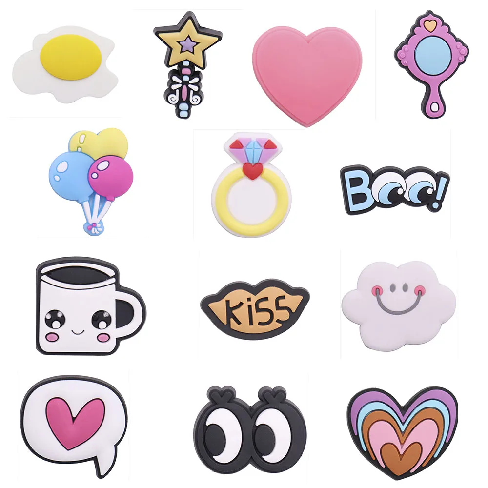 

Mix 50PCS PVC Cute Cartoon Shoe Charms Kawaii Poached Egg Magic Wand Heart Mirror Balloon Ring Cup Cloud Eye Kiss Croc Charms