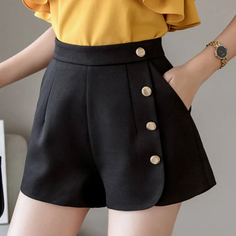 Women Summer High Waist Buttons Chiffon Shorts Patchwork Zipper Black White Office Lady Work Wear Female Elegant Shorts Loose