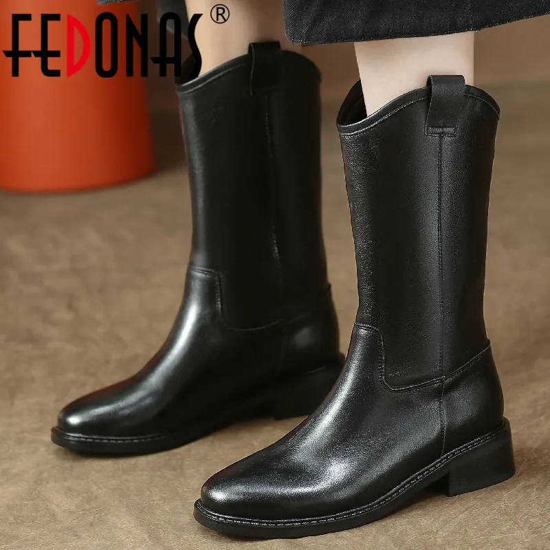 

FEDONAS High Quality Genuine Leather Women Mid-Calf Boots Thick Heels Splicing Shoes Woman Autumn Winter Fashion Concise Office