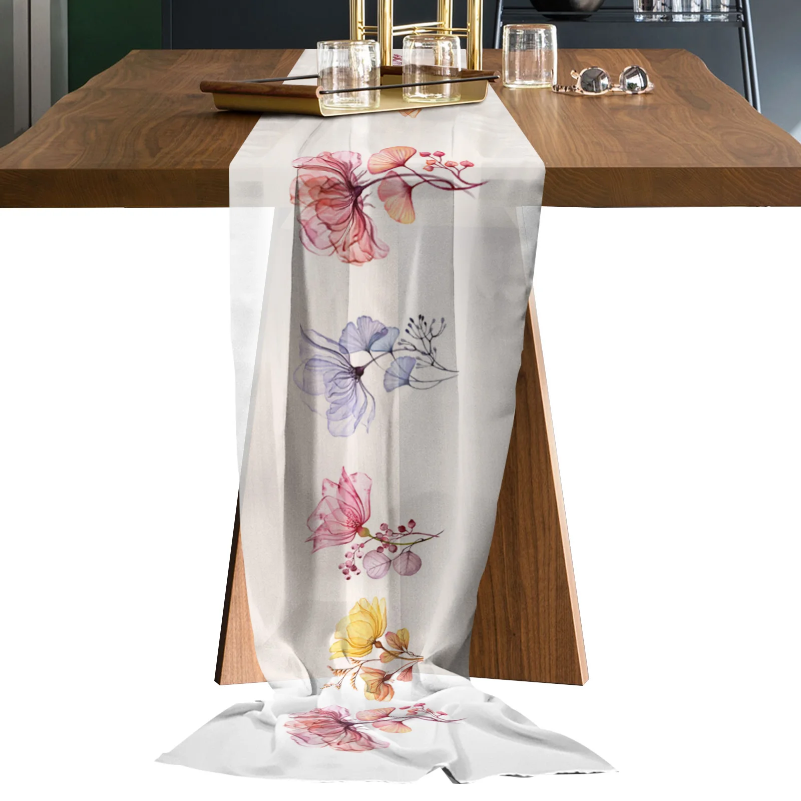 

Watercolor Flower Transparent Long Chiffon Table Runner for Wedding Hotel Sheer Tablecloth Home Kitchen Decor Voile Table Runner