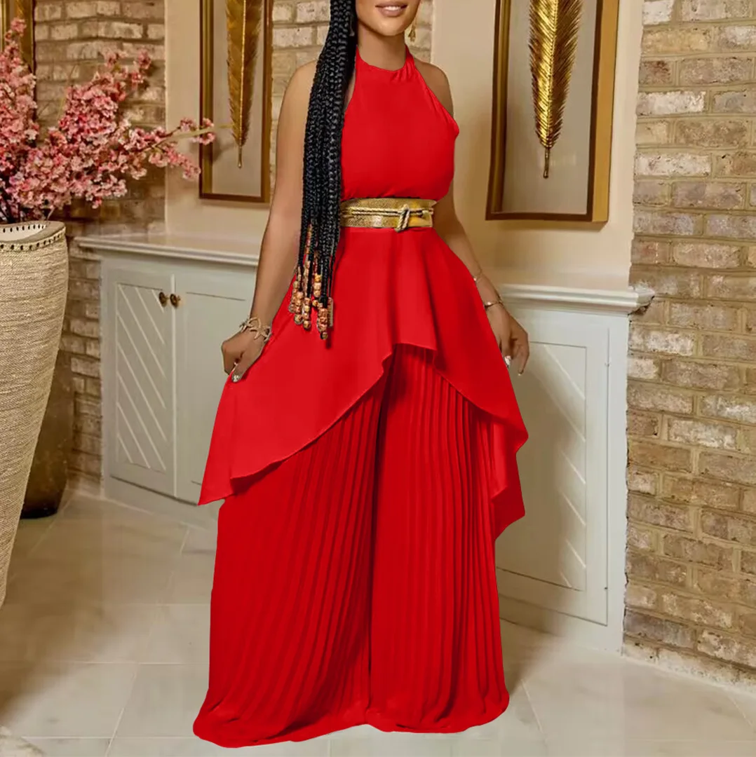 Plus Size Matching Sets Halter Tops And Wide Leg Pants With Belt Female Luxury Fashion Women Clothing 2023 Summer Two Piece Sets