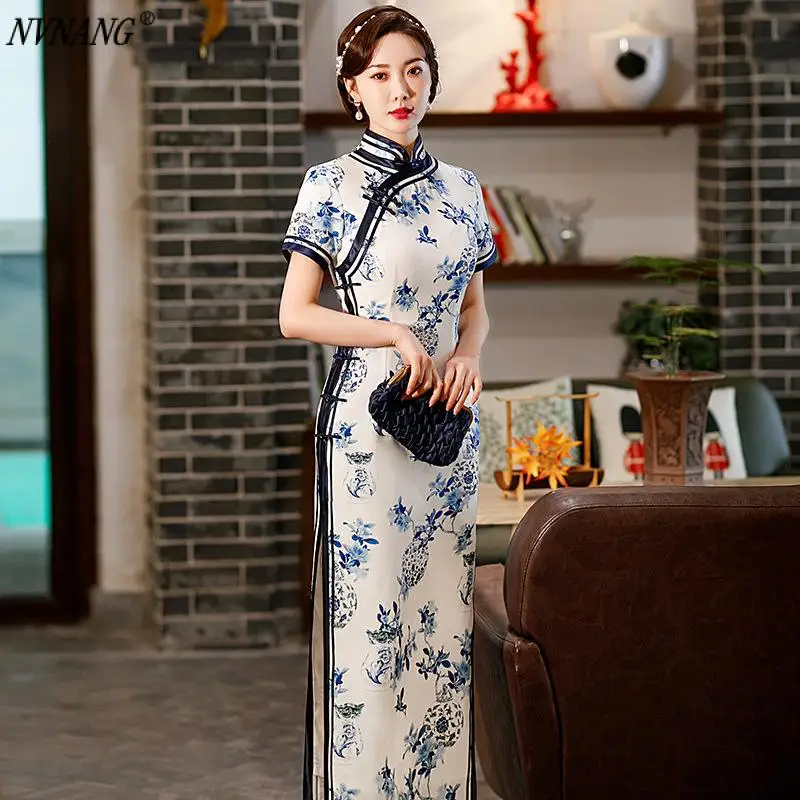 

Nvnang Chinese Cheongsam, Spring and Summer New Style Blue and White Porcelain Slim Gift Dress