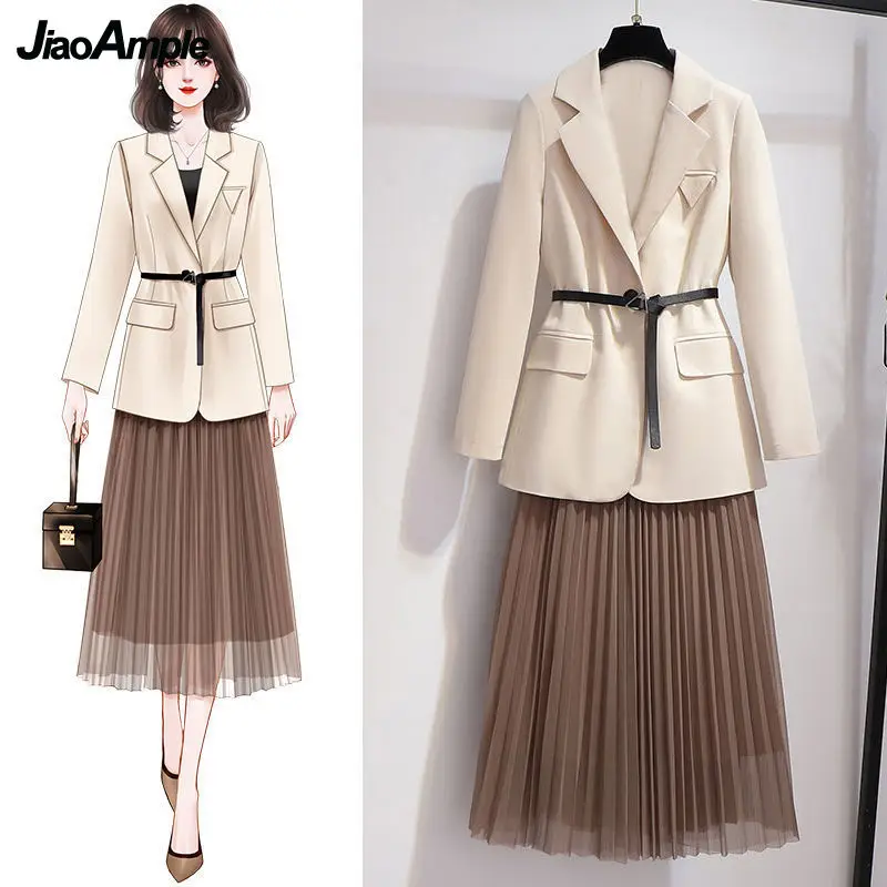 

Женский костюм, куртка и юбка, комплект из двух предметов, Новинка весна-осень 2022, Свободное пальто, модный элегантный костюм из блейзера в К...