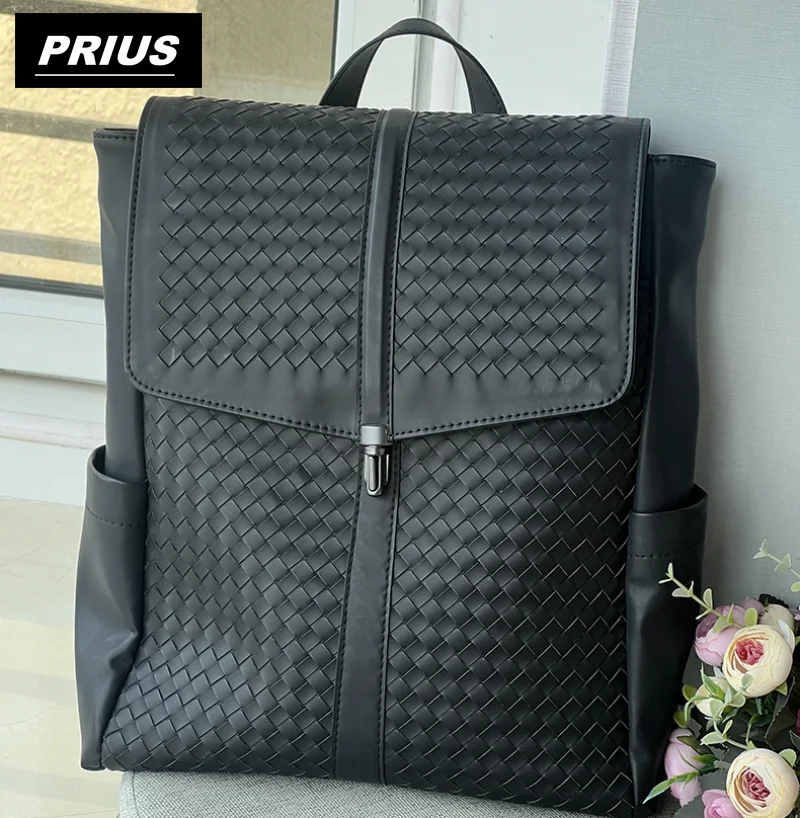 New Men High Quality Luxury Cowhide Genuine Leather Woven Backpack Large Capacity Fashion Casual Travel Bag Business Laptop Bags