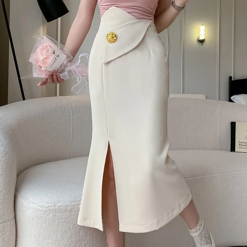

Korean Elegant Fishtail Midi Skirt Women Irregular High Waist Wrap Hip Slit Mermaid Long Skirts Business Office Workwear Skirts