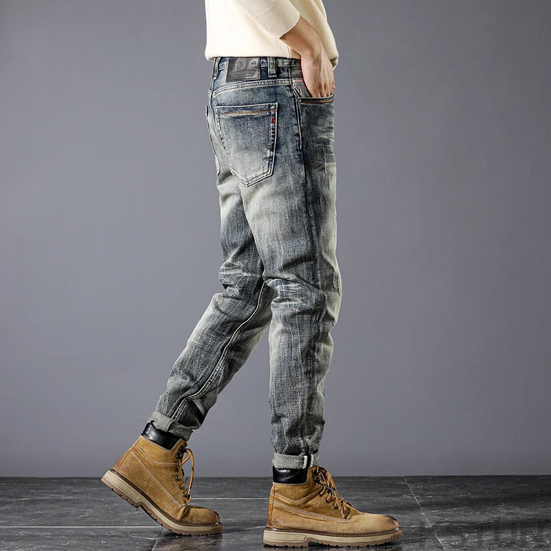 Мужские Стрейчевые джинсовые брюки облегающие для фитнеса в винтажном стиле