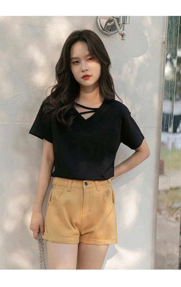 

Футболка GY0004 женская с коротким рукавом, хлопковый Свободный Топ с воротником-стойкой, дизайнерская нишевая Однотонная рубашка, лето 2022