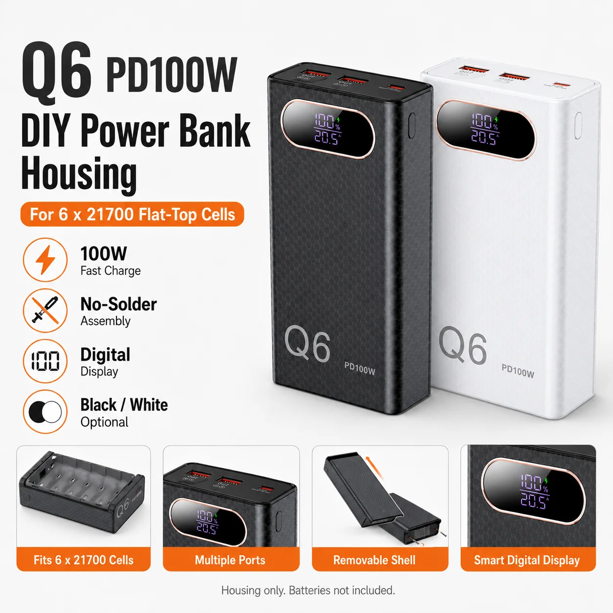 Фото Комплект корпуса для повербанка Q6 PD100W DIY на 6x21700 элементов с плоским контактом, без пайки, с быстрой зарядкой и цифровым дисплеем №2