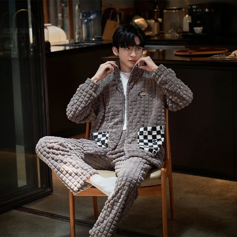 QUHENG New Flannel Men's Autumn Winter Long Sleeve Pajama Sets Thick Warm Men Sleepwear Coral Fleece Sleep Lounge Pajamas