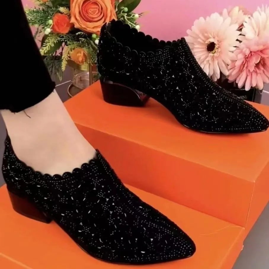 Chunky Lace Sexy Pointed Toe Women Shoes Summer 2023 Designer  Mid Heels Shallow Mature Dress Woman Shoes Pumps Mujer