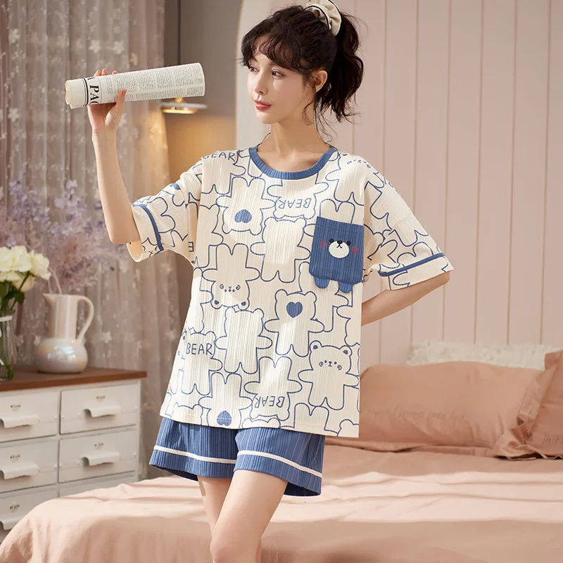 2022 Summer New Cotton Women's Pajama Set Plus SizeFemale Cartoon Nightwear Sets Women Pajamas Lovely Sleepwear 5XL Home Fashion