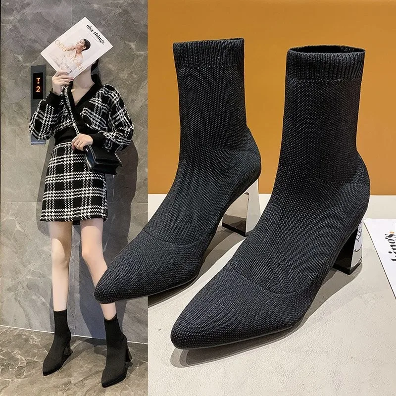 

2021 autumn and winter new net red mid-heel high-heeled short boots spring pointed elastic socks boots