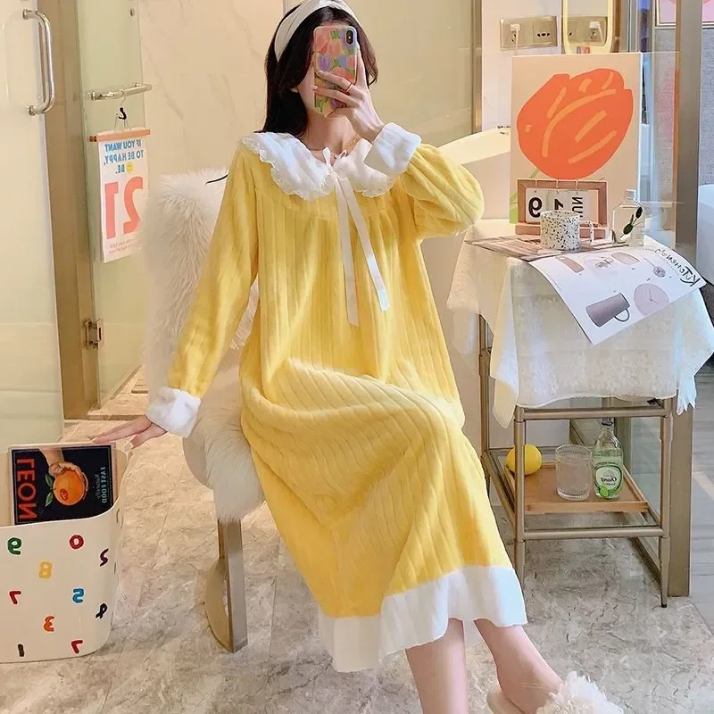 

Lace Piece Sleeve Nightgown Style Korean Ruffles Wear Pajamas Fleece New Night Womens Home Sleepwear Dress One 2023 Winter Long