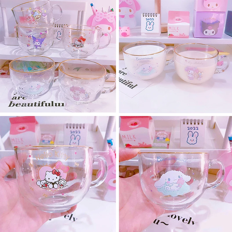

480Ml Kuromi My Melody Kittys Anime Glass Cup Cartoon Kawaii Transparent Mug Creative High Capacity Juice Milk Breakfast Teacup