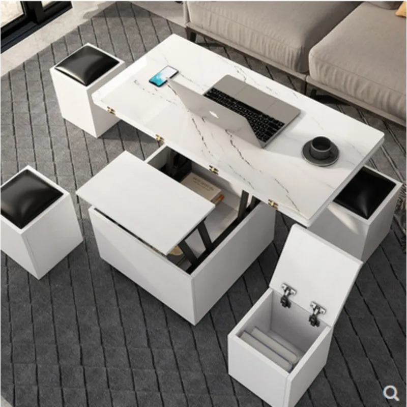 

Small family simple solid wood burning stone toughened glass tea table multifunctional folding lift table dual purpose