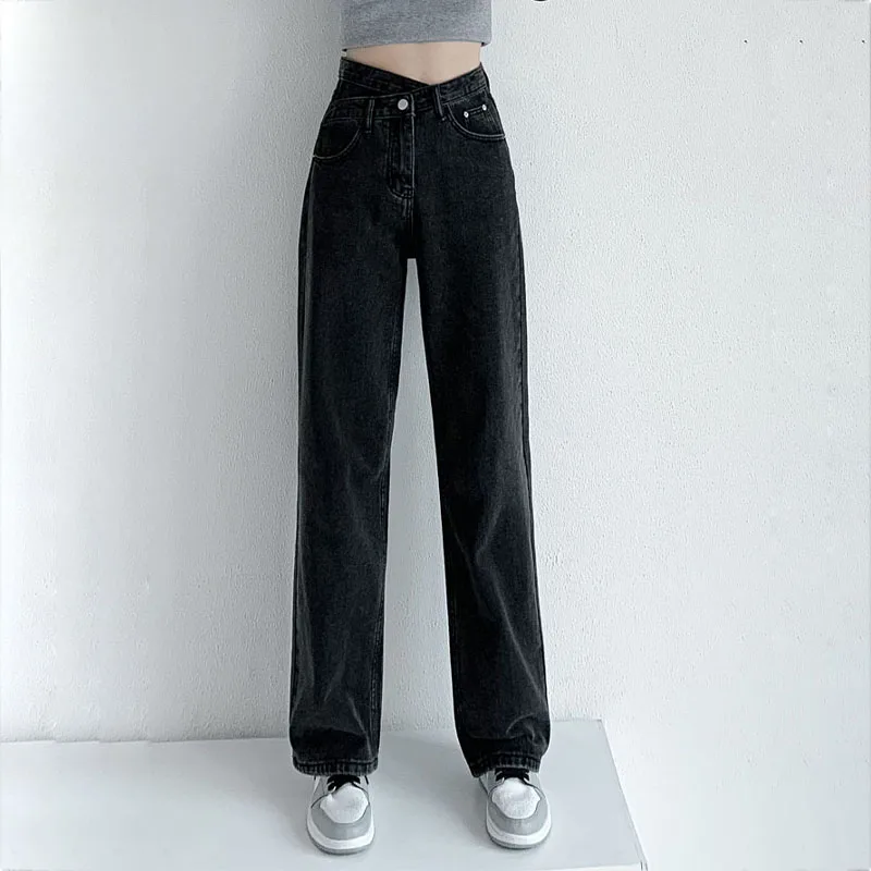Jeans Women 2022 Fashion Irregular Cross Waist Wide Leg Pants Mom Femme Black Blue Jeans High Waist Woman Trousers Y2k