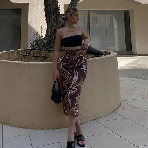 Women Half Dress High Waist Bag Hip Sexy Slim Printed Skirt Women Wrapped Spring Summer Fall Dye Print Coffee Slimming Skirt