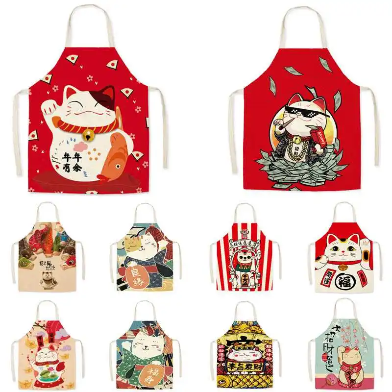 

Cotton Linen Apron Cartoon Cute Lucky Cat Sleeveless Bib Parent-child Antifouling Household Cleaning Cooking Accessories
