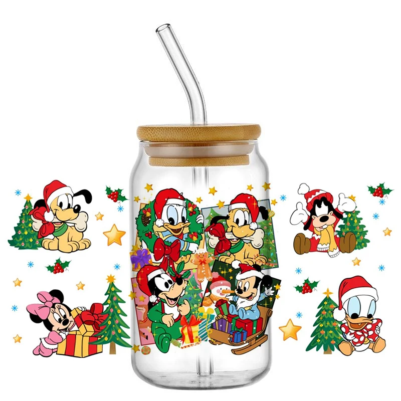 Minoso Cute Santa Stitch 3D УФ DTF наклейка для стекла Libbey 16 унций мультфильм Disney